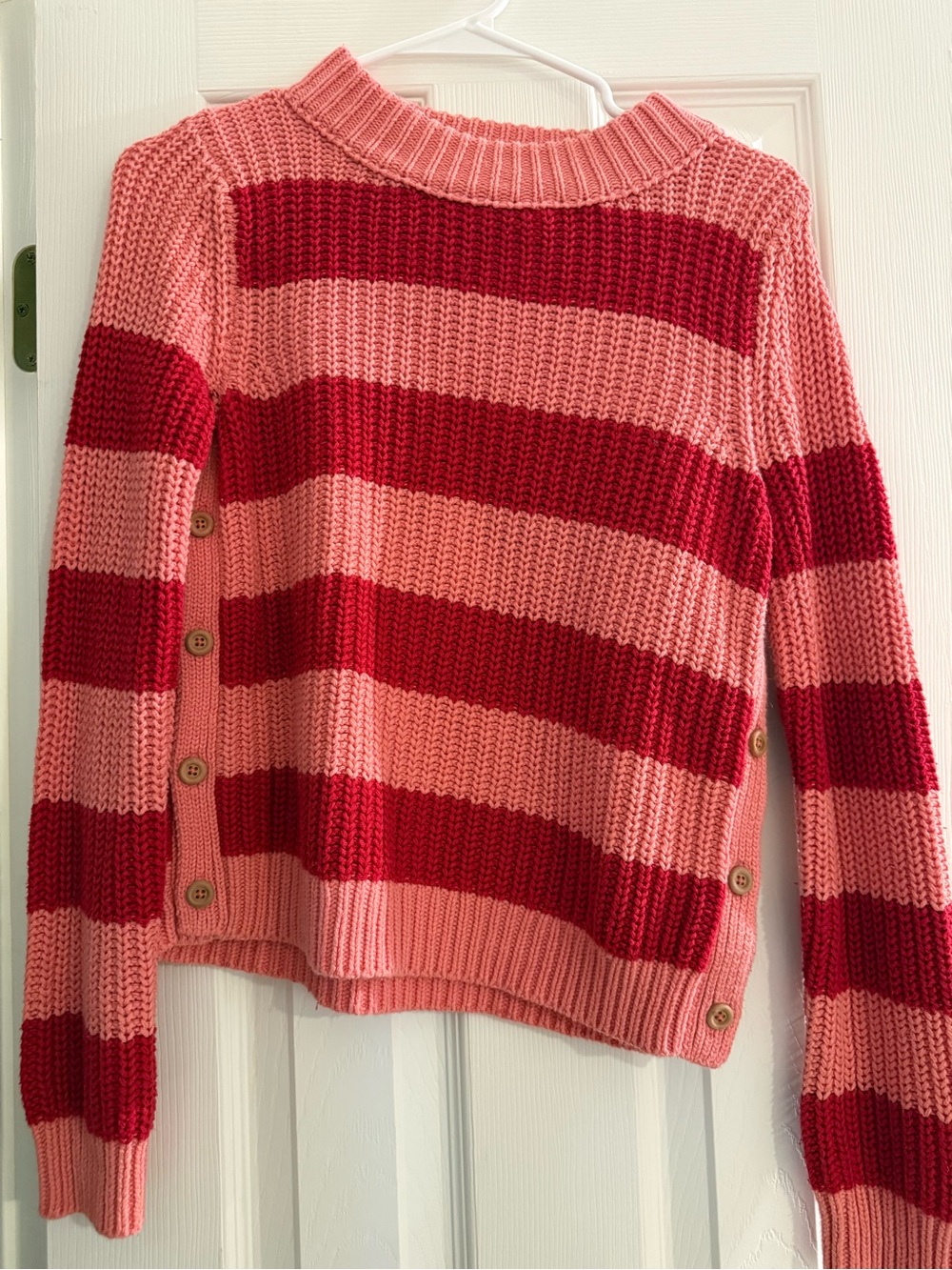 Anthropologie Button-Side Striped Crewneck Sweater — Pink & Red